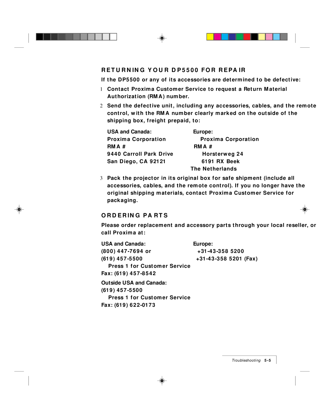 Proxima ASA manual Returning Your DP5500 for Repair, Ordering Parts 