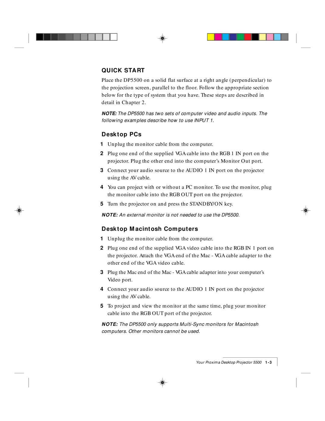 Proxima ASA DP5500 manual Quick Start, Desktop PCs, Desktop Macintosh Computers 