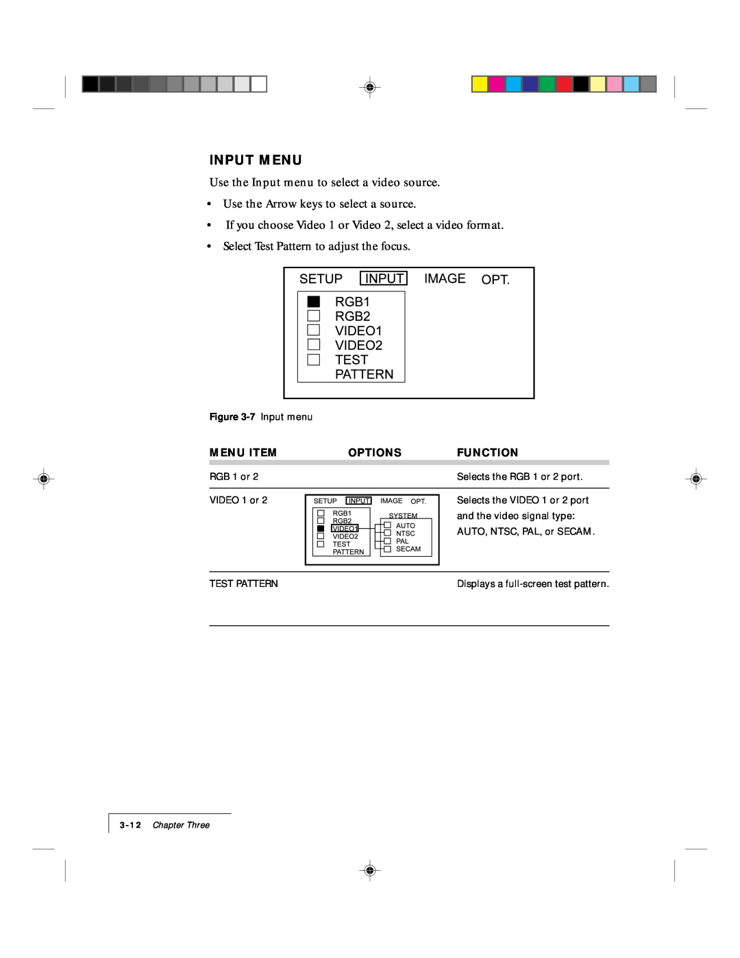 Proxima ASA DP5500 manual Input Menu, Menu Item, Options, Function, Chapter Three 