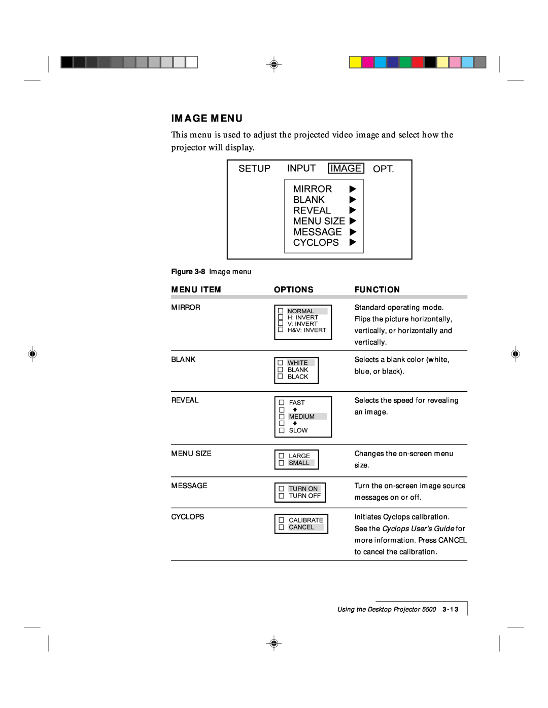 Proxima ASA DP5500 manual Image Menu, Menu Item, Options, Function, 8 Image menu 