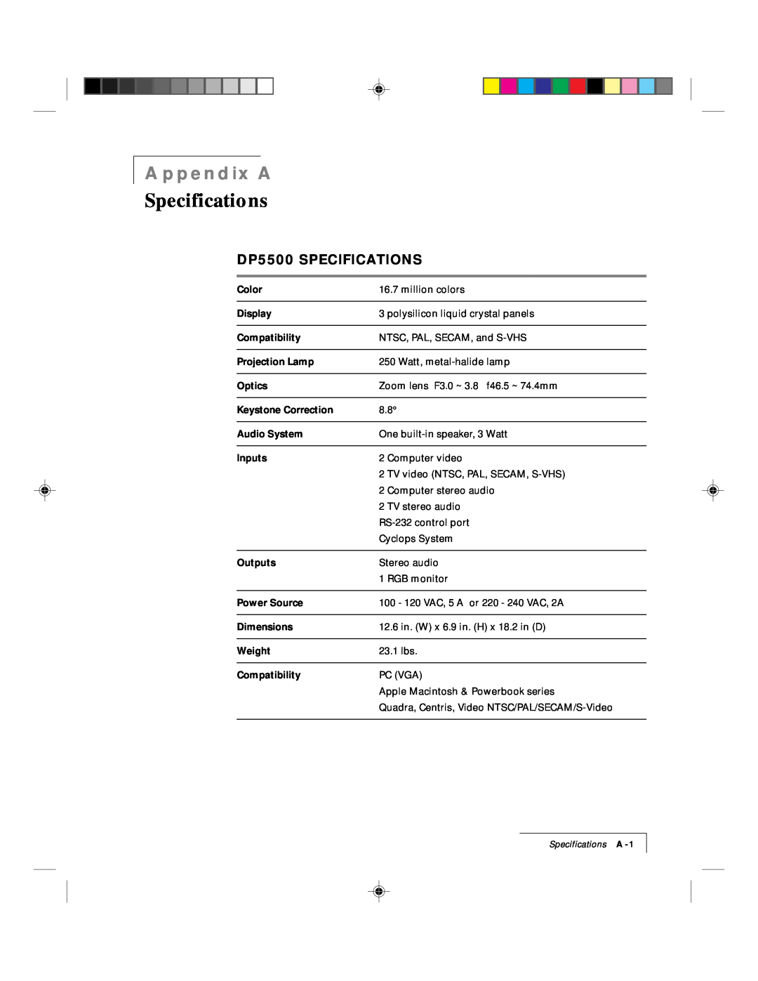 Proxima ASA manual Specifications, Appendix A, DP5500 SPECIFICATIONS 