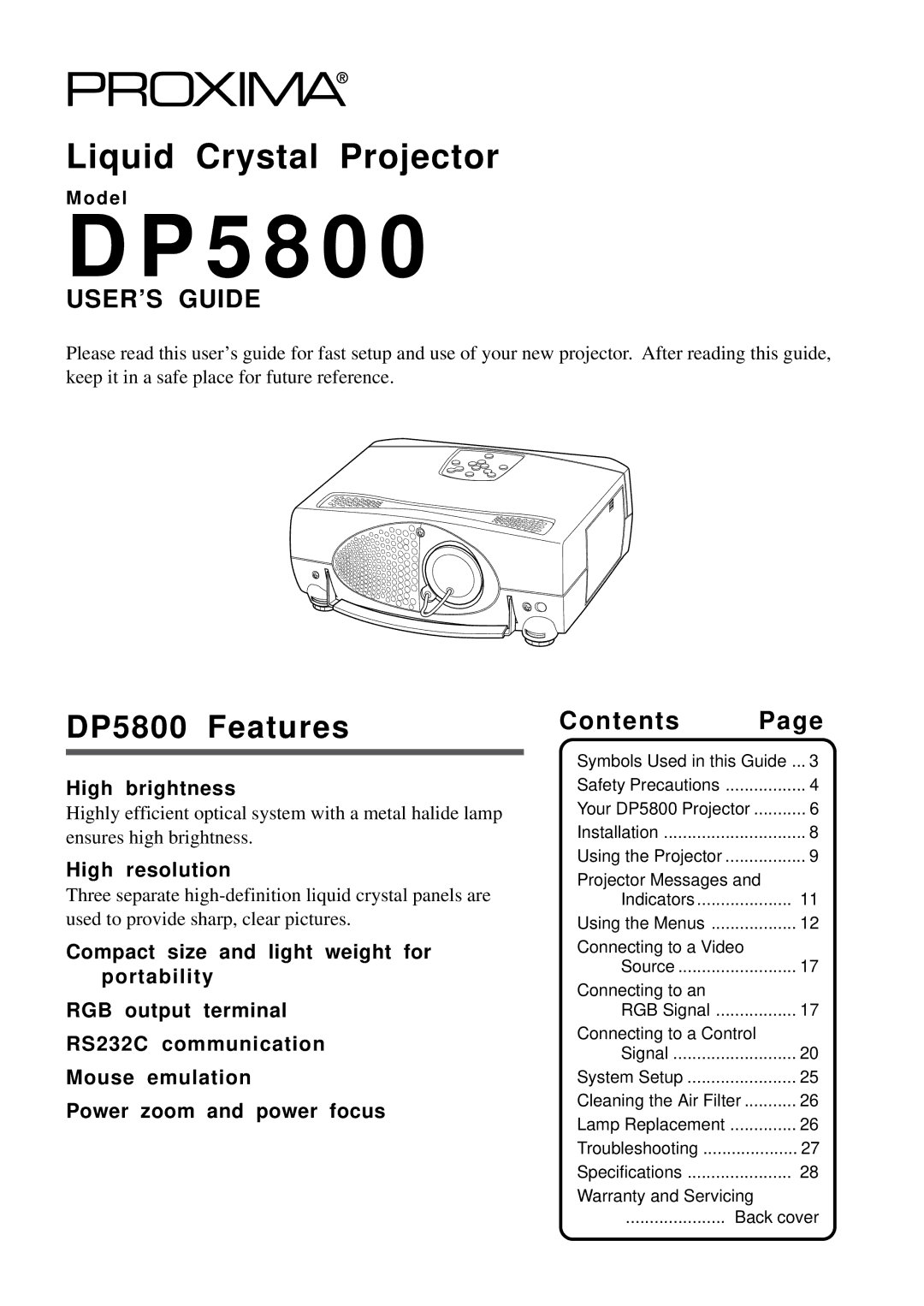 Proxima ASA specifications 5 8 0, DP5800 Features 