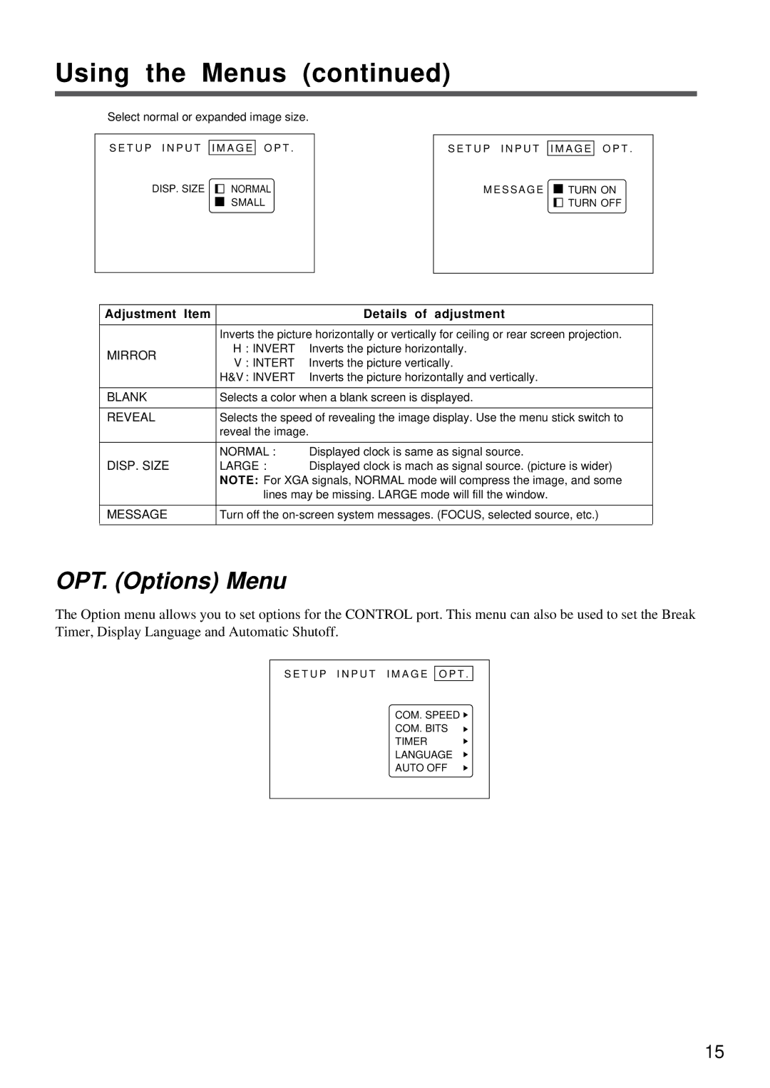 Proxima ASA DP5800 specifications OPT. Options Menu, Adjustment Details of adjustment 