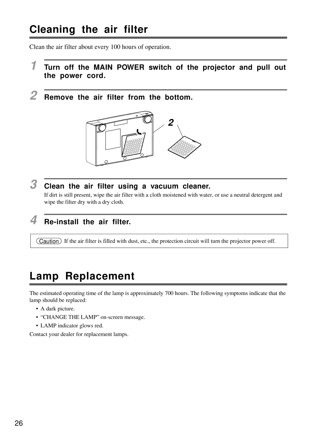 Proxima ASA DP5800 specifications Cleaning the air filter, Lamp Replacement 