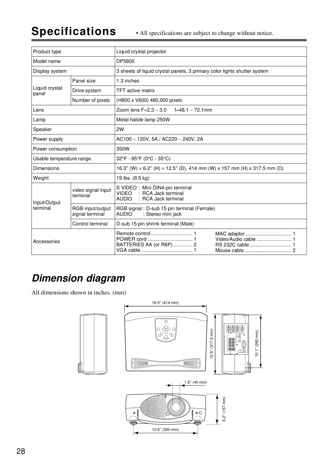 Proxima ASA DP5800 specifications Specifications, Dimension diagram 