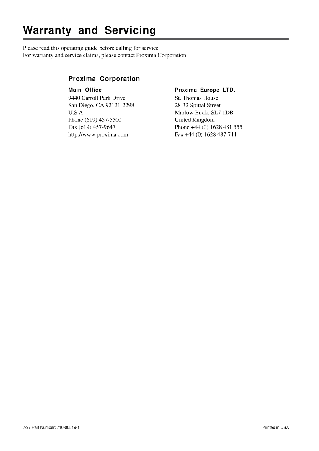 Proxima ASA DP5800 specifications Warranty and Servicing, Proxima Corporation, Main Office 