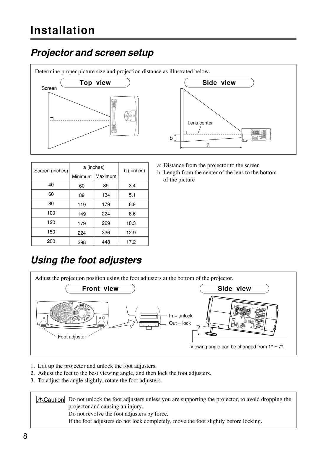 Proxima ASA DP5800 specifications Installation, Projector and screen setup, Using the foot adjusters, Top view Side view 