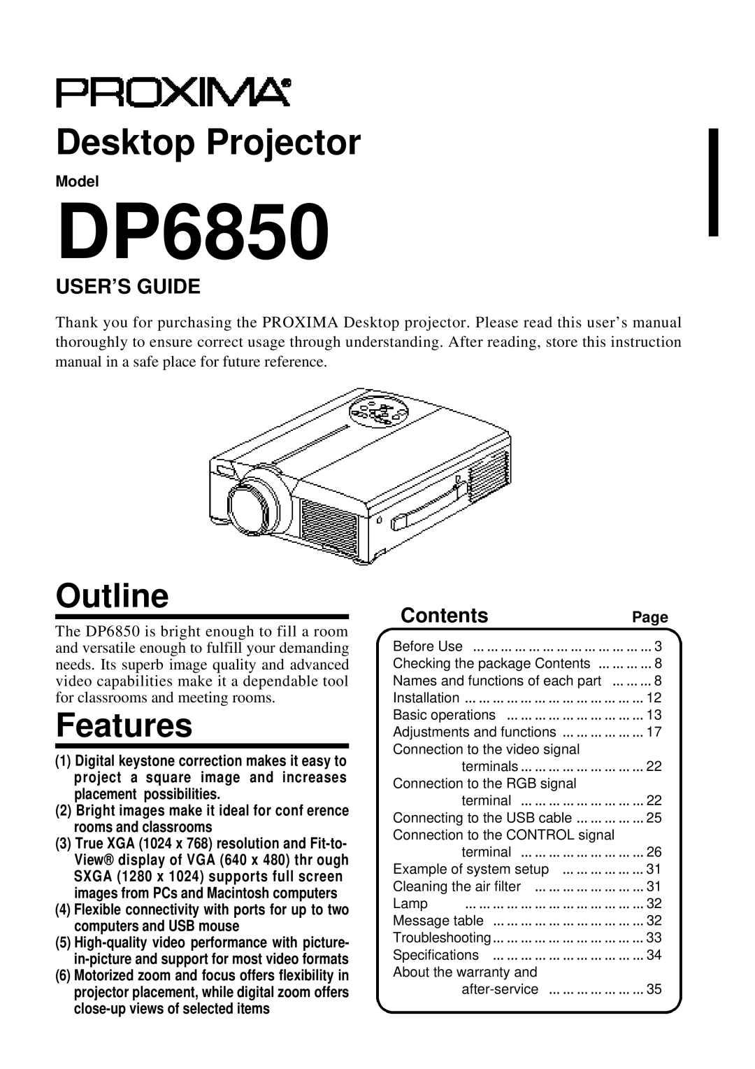 Proxima ASA DP6850 user manual Outline, Features, ContentsPage 