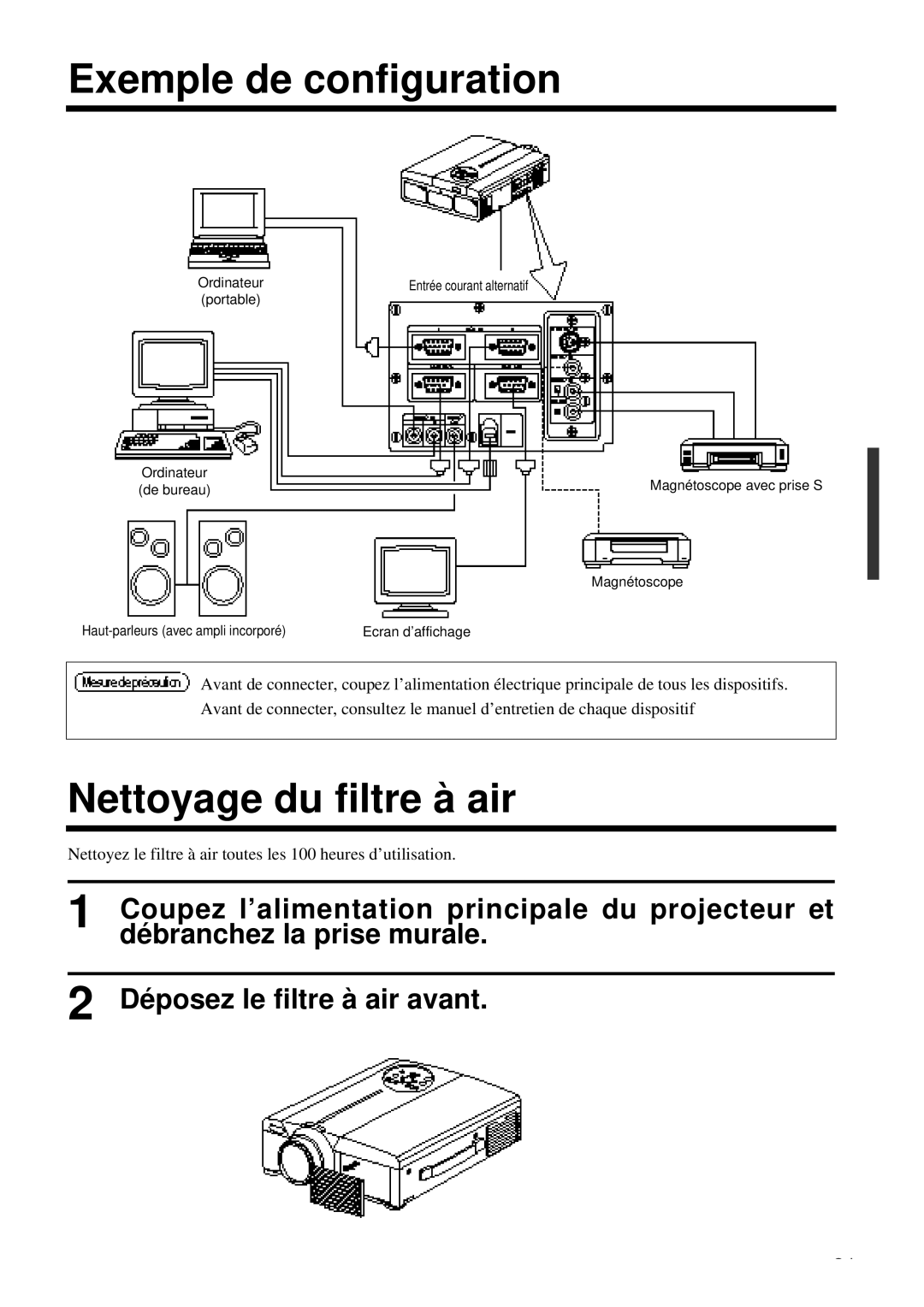 Proxima ASA DP6850 Exemple de configuration, Nettoyage du filtre à air, Magnétoscope Haut-parleurs avec ampli incorporé 