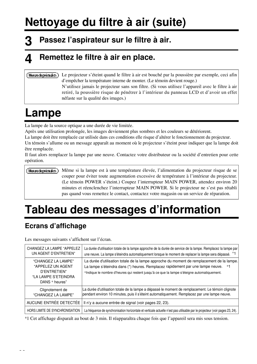 Proxima ASA DP6850 user manual Nettoyage du filtre à air suite, Tableau des messages d’information, Ecrans d’affichage 