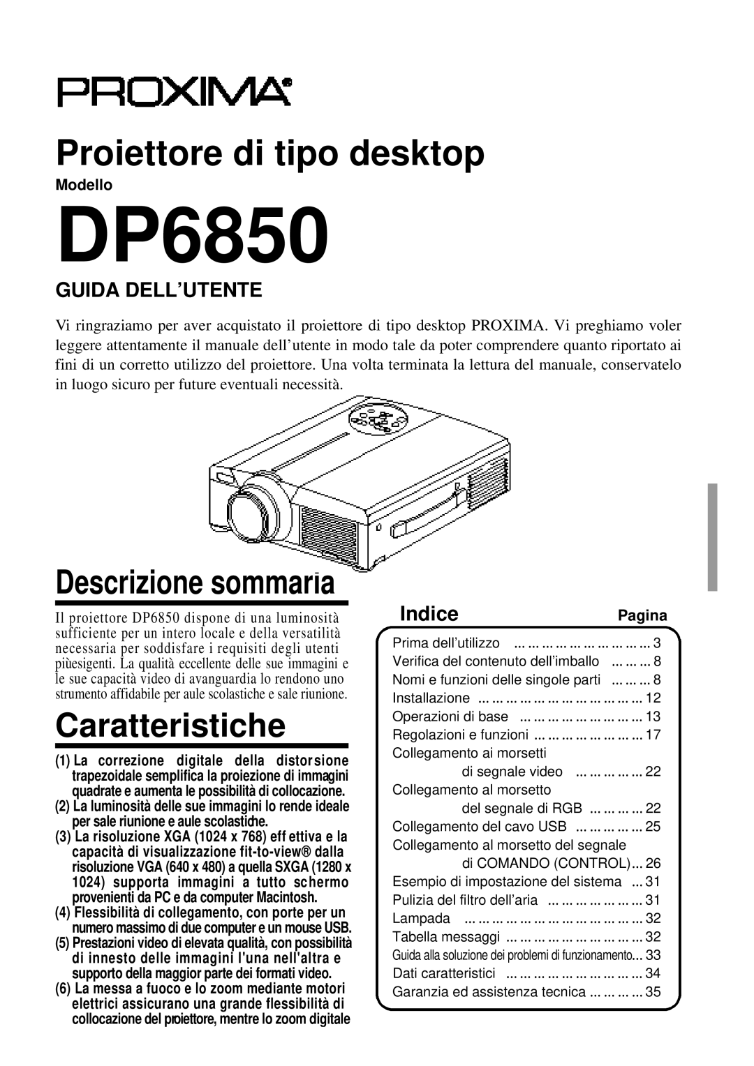 Proxima ASA DP6850 user manual Caratteristiche, IndicePagina, Modello 