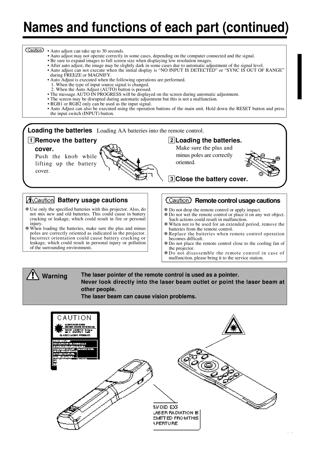 Proxima ASA DP6850 user manual 1Remove the battery cover, Battery usage cautions, 2Loading the batteries 