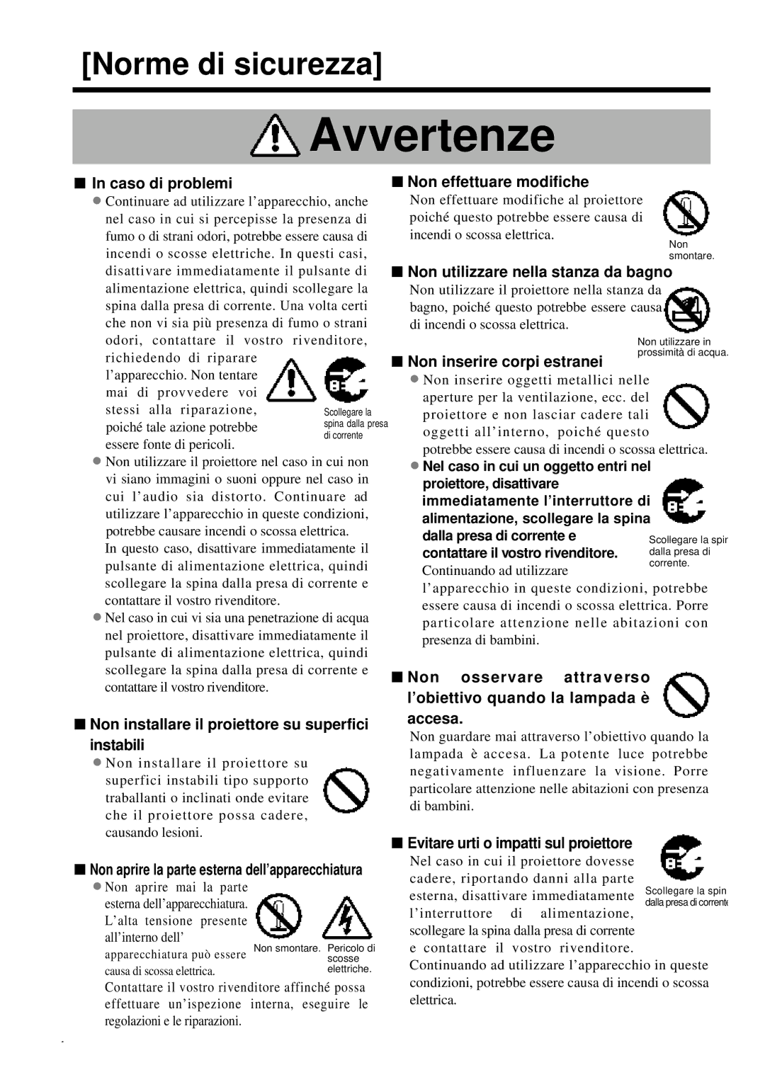 Proxima ASA DP6850 user manual Caso di problemi, Non effettuare modifiche, Non utilizzare nella stanza da bagno 