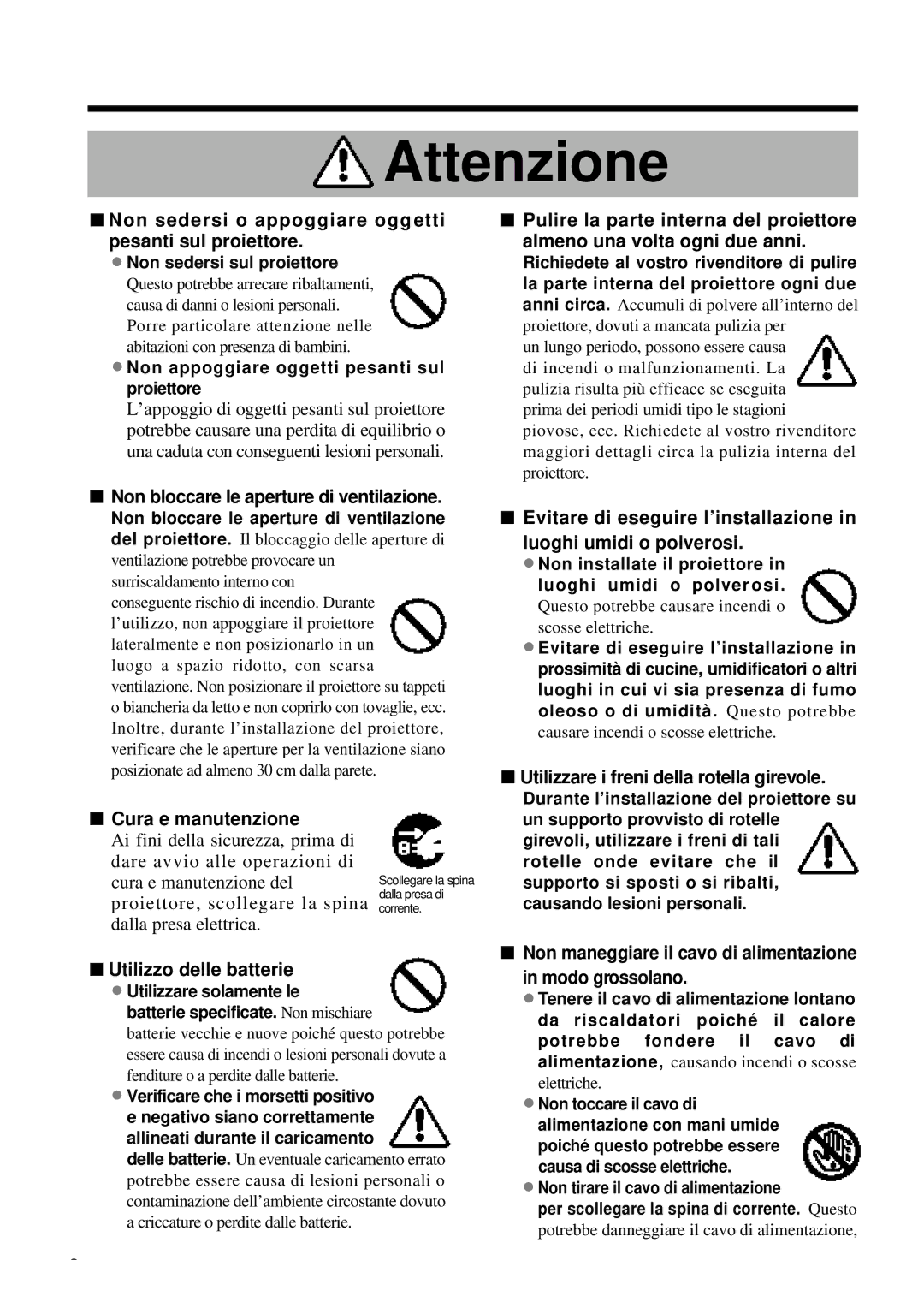 Proxima ASA DP6850 Non sedersi o appoggiare ogg etti pesanti sul proiettore, Non bloccare le aperture di ventilazione 