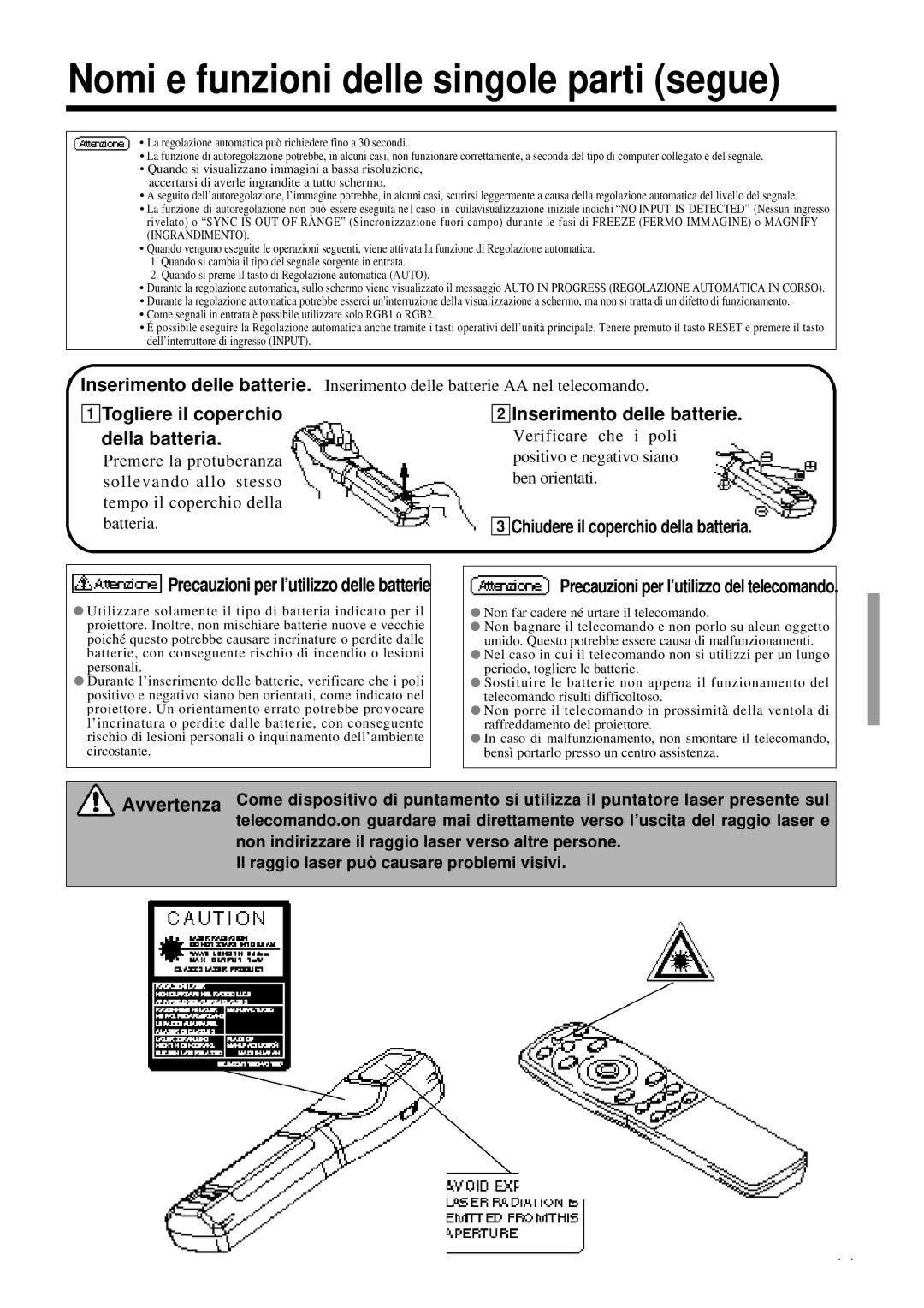 Proxima ASA DP6850 user manual 2Inserimento delle batterie, Precauzioni per l’utilizzo del telecomando 