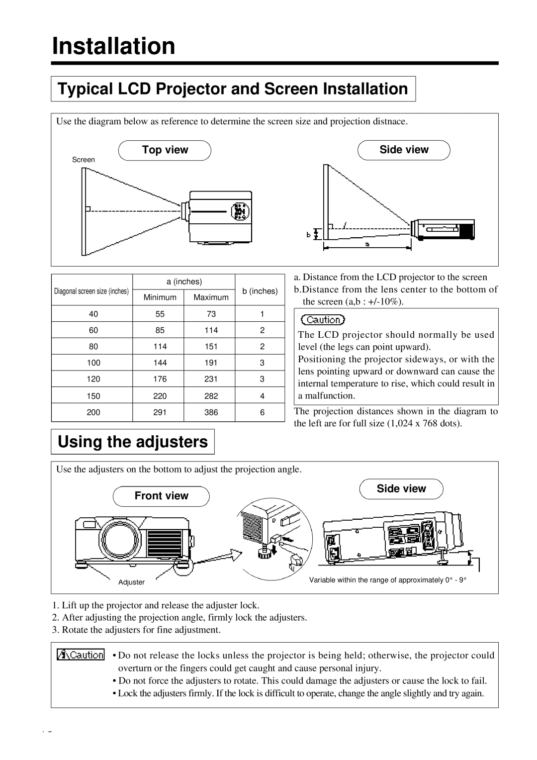 Proxima ASA DP6850 user manual Typical LCD Projector and Screen Installation, Using the adjusters 