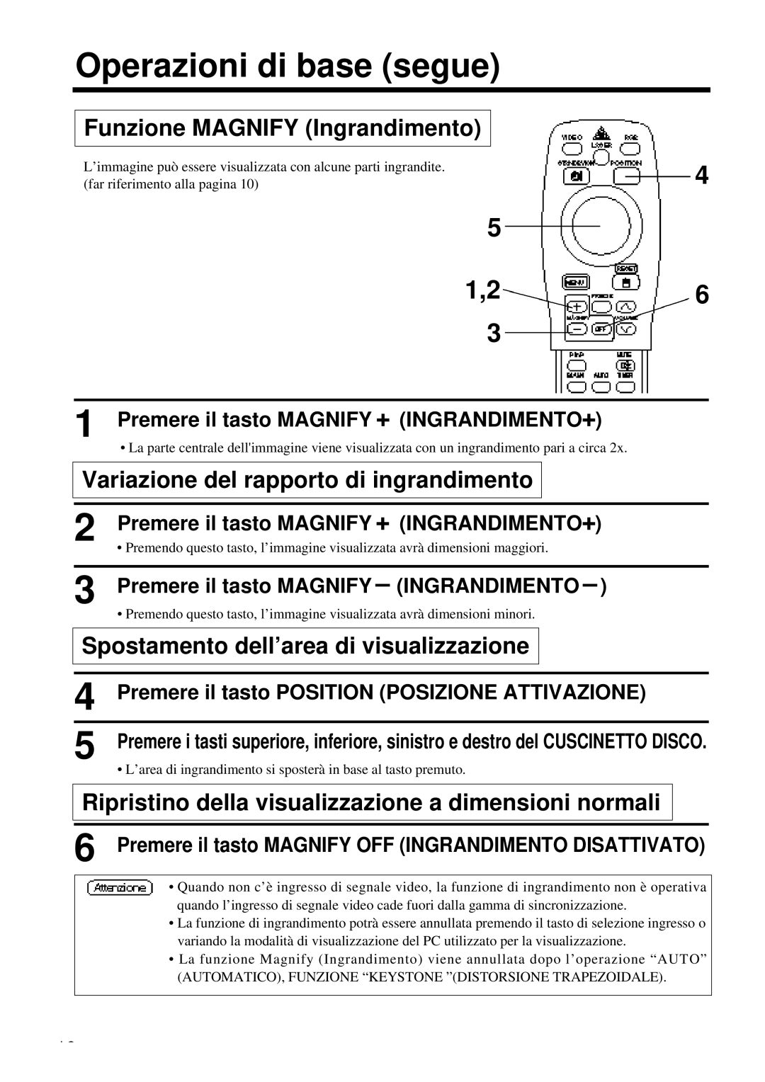 Proxima ASA DP6850 user manual Funzione Magnify Ingrandimento, Variazione del rapporto di ingrandimento 