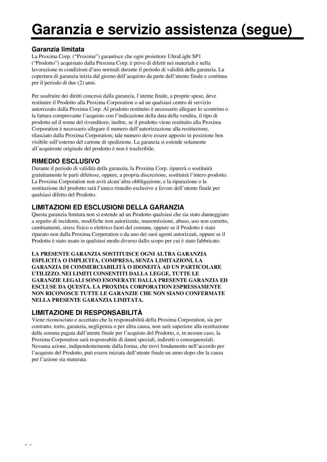 Proxima ASA DP6850 user manual Garanzia e servizio assistenza segue, Garanzia limitata 