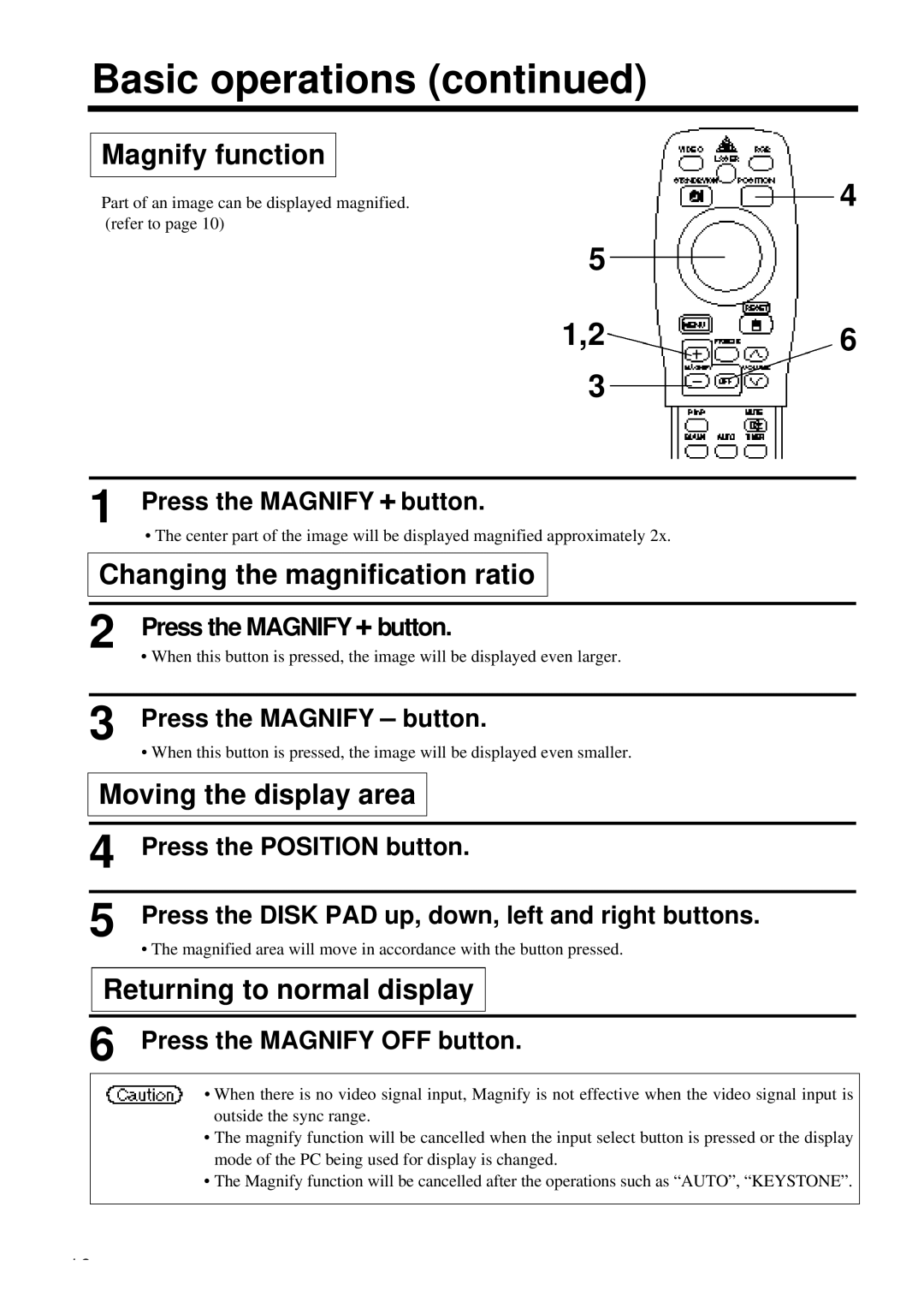 Proxima ASA DP6850 user manual Magnify function, Changing the magnification ratio, Moving the display area 