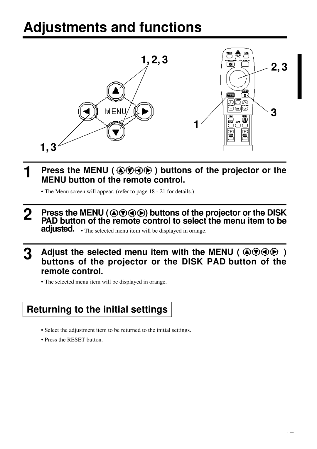 Proxima ASA DP6850 user manual Adjustments and functions, Returning to the initial settings, Press the Menu 