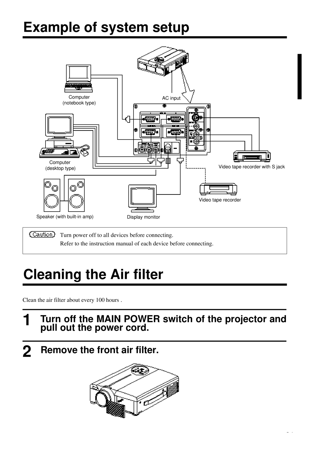 Proxima ASA DP6850 user manual Example of system setup, Cleaning the Air filter, AC input, Desktop type 