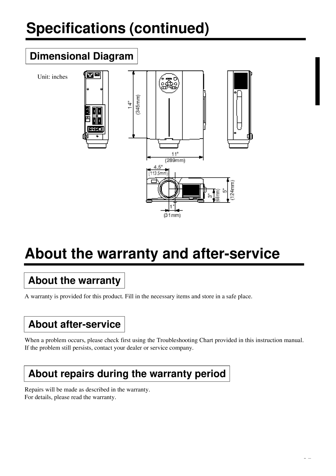 Proxima ASA DP6850 user manual Specifications, About the warranty and after-service, Dimensional Diagram 