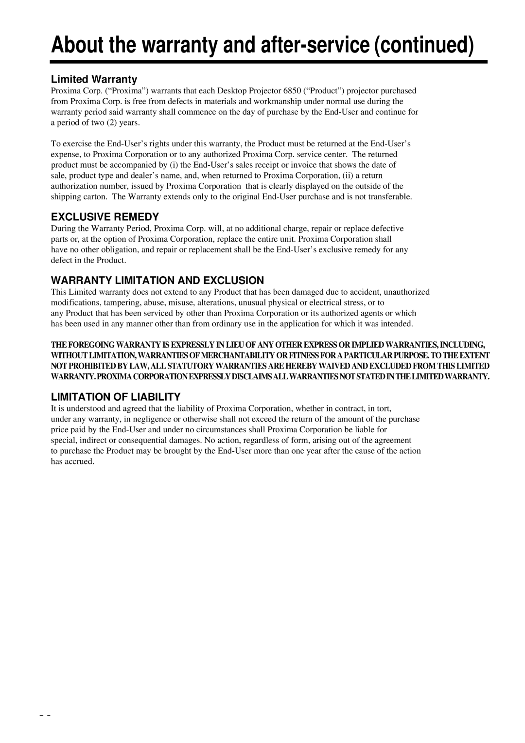 Proxima ASA DP6850 user manual About the warranty and after-service, Limited Warranty 