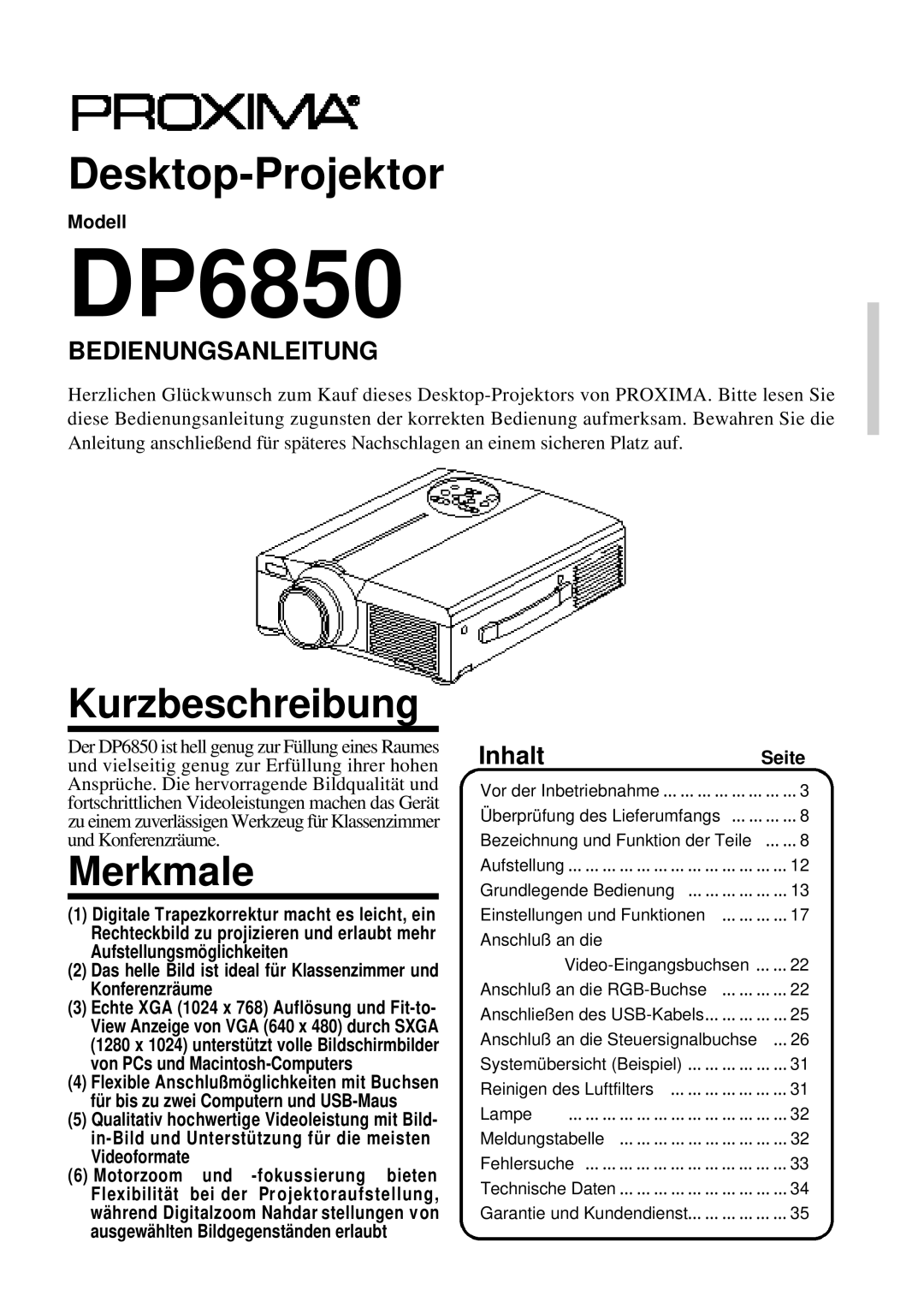 Proxima ASA DP6850 user manual Kurzbeschreibung, Merkmale, InhaltSeite, Modell 