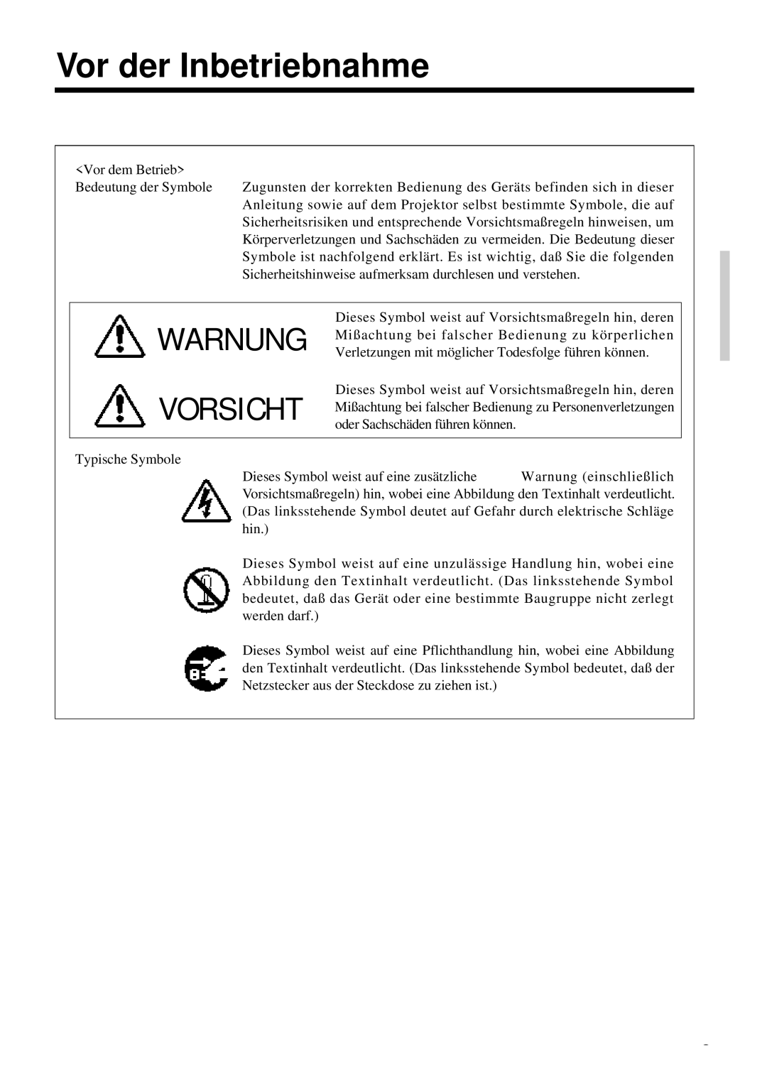 Proxima ASA DP6850 user manual Vor der Inbetriebnahme, Warnung Vorsicht 