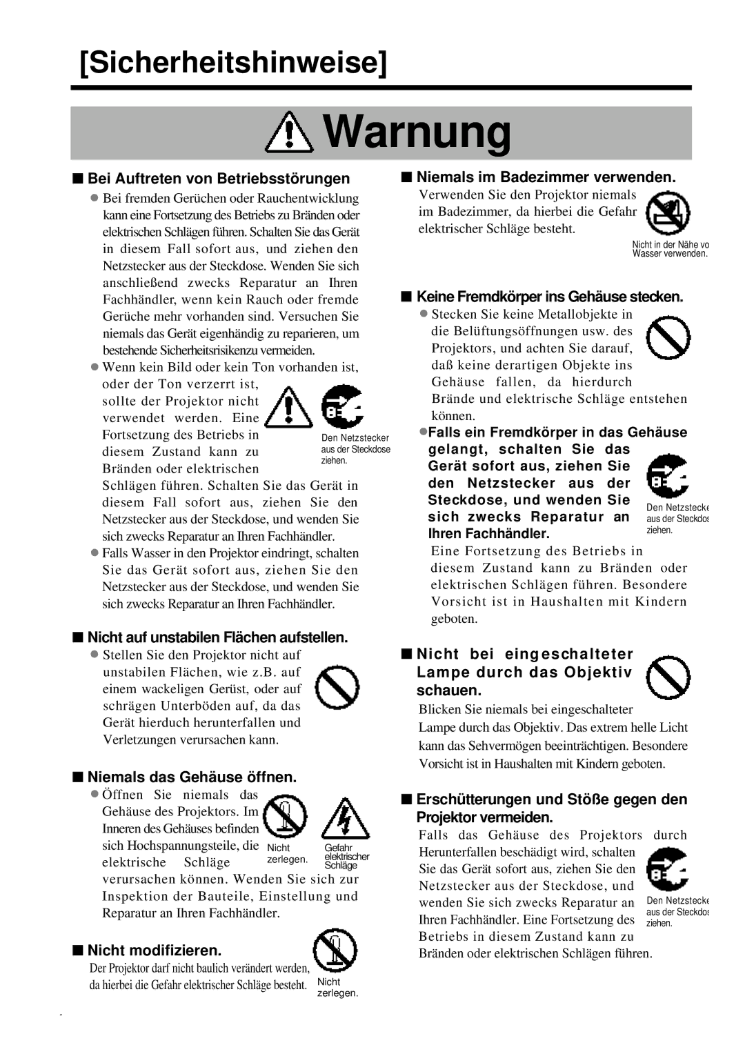 Proxima ASA DP6850 Bei Auftreten von Betriebsstörungen, Nicht auf unstabilen Flächen aufstellen, Nicht modifizieren 