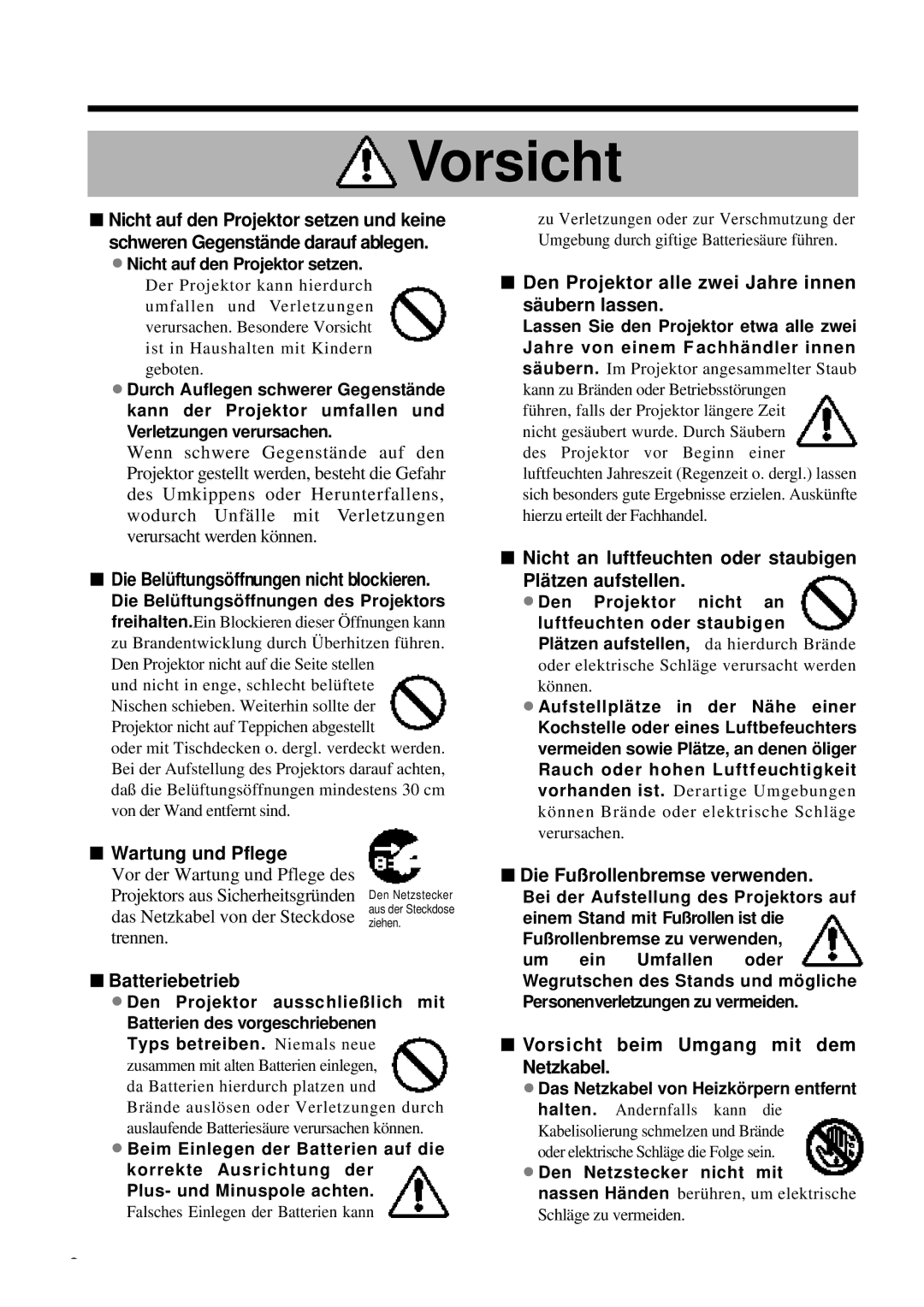 Proxima ASA DP6850 user manual Die Belüftungsöffn ungen nicht blockieren, Wartung und Pflege, Batteriebetrieb 