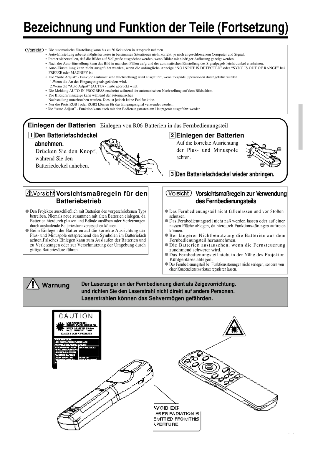 Proxima ASA DP6850 user manual 1Den Batteriefachdeckel 2Einlegen der Batterien Abnehmen, Vorsichtsmaßregeln für den 