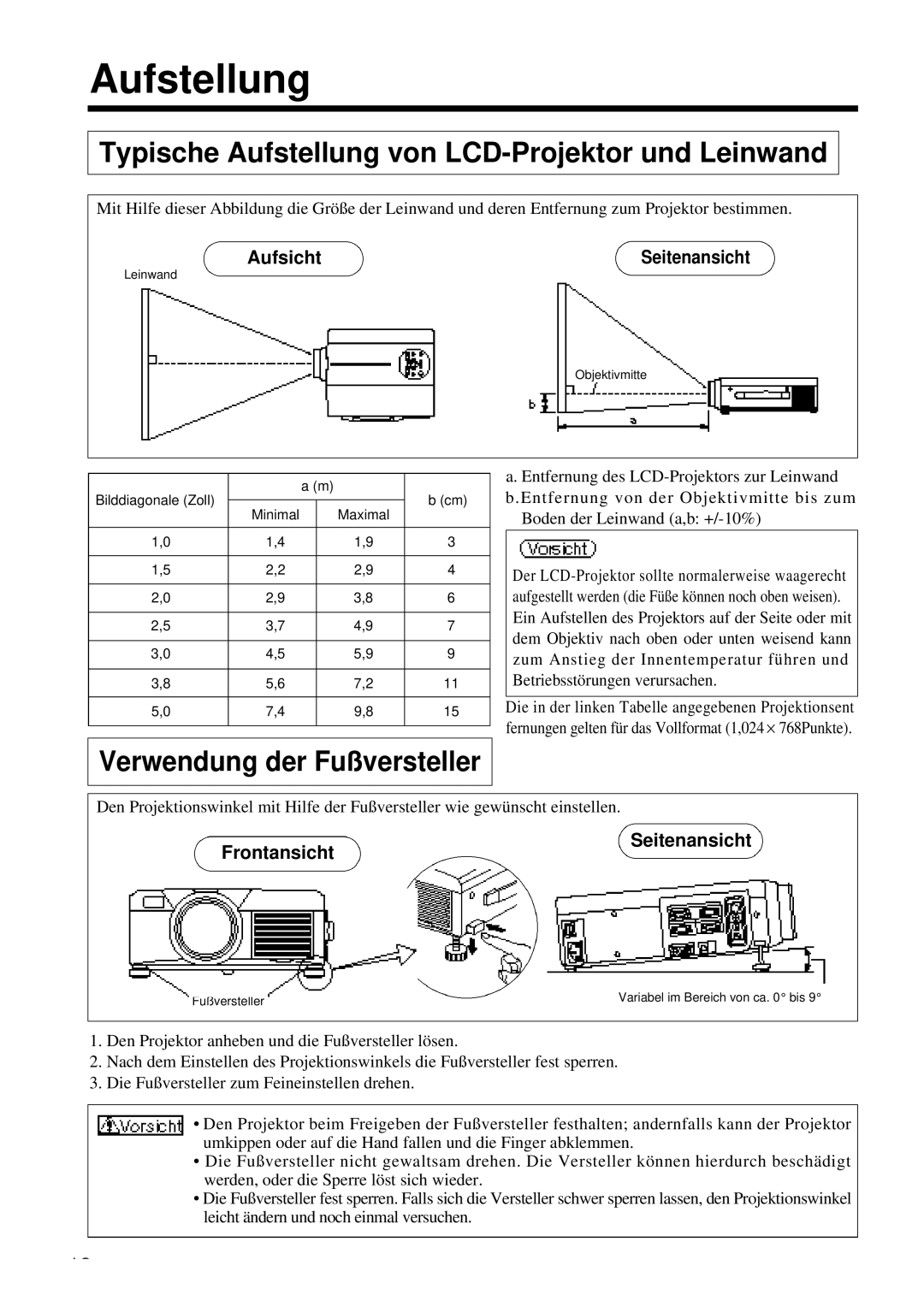 Proxima ASA DP6850 user manual Typische Aufstellung von LCD-Projektor und Leinwand, Verwendung der Fußversteller 