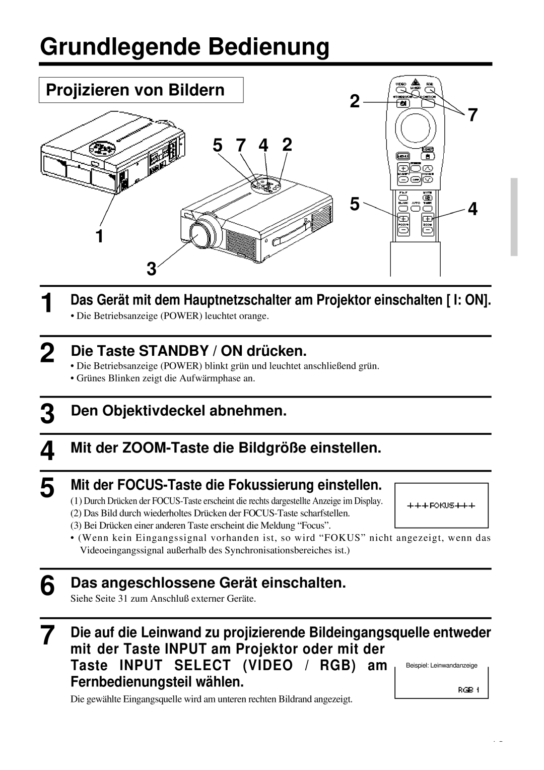 Proxima ASA DP6850 user manual Grundlegende Bedienung, Projizieren von Bildern, Die Taste Standby / on drücken 