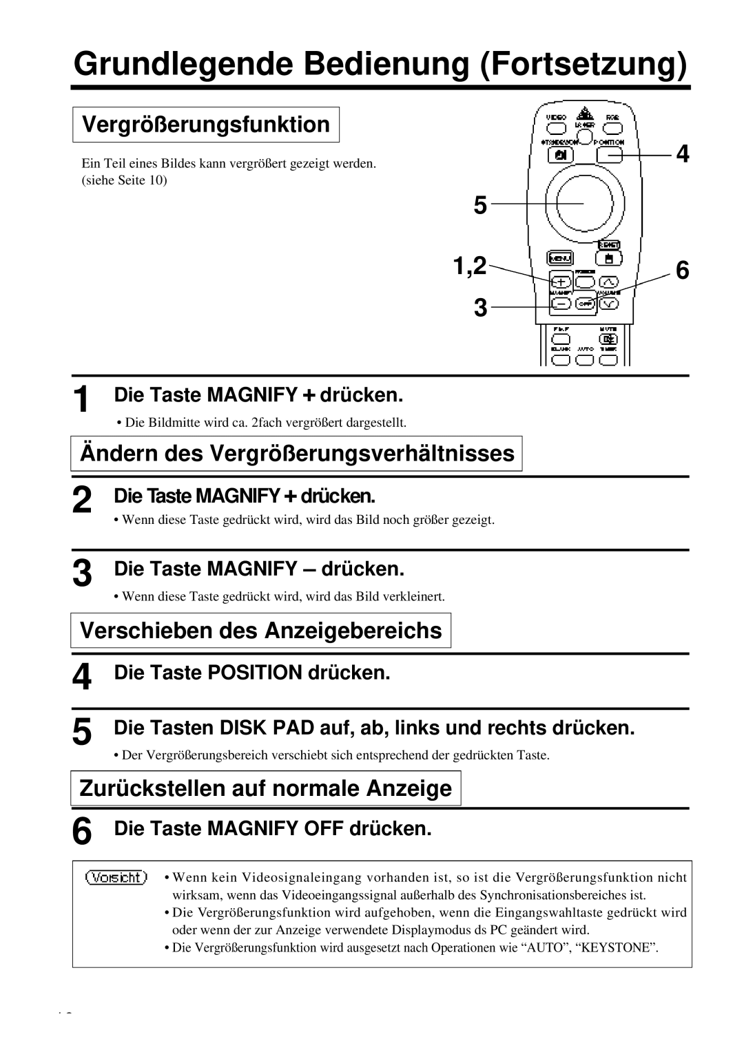 Proxima ASA DP6850 Vergrößerungsfunktion, Ändern des Vergrößerungsverhältnisses, Verschieben des Anzeigebereichs 