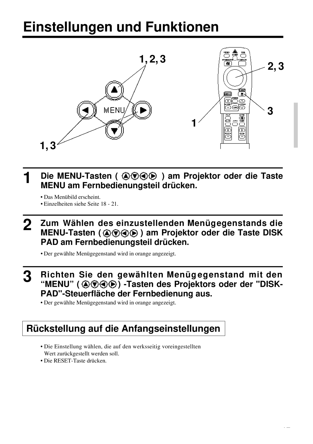 Proxima ASA DP6850 user manual Einstellungen und Funktionen, Rückstellung auf die Anfangseinstellungen 