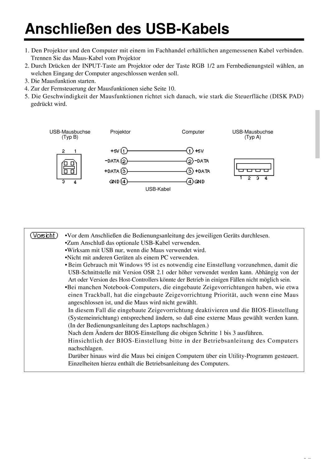 Proxima ASA DP6850 user manual Anschließen des USB-Kabels, Projektor Computer, Typ B Typ a USB-Kabel 