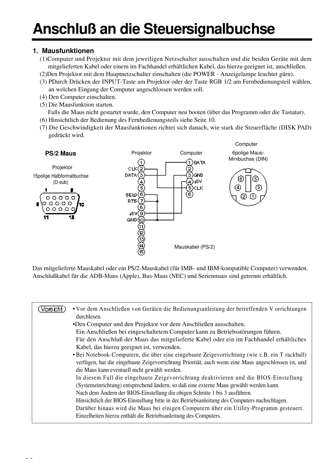 Proxima ASA DP6850 user manual Anschluß an die Steuersignalbuchse, Mausfunktionen, PS/2 Maus, Projektor, Mauskabel PS/2 