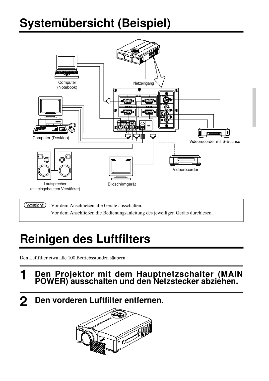 Proxima ASA DP6850 user manual Systemübersicht Beispiel, Reinigen des Luftfilters 