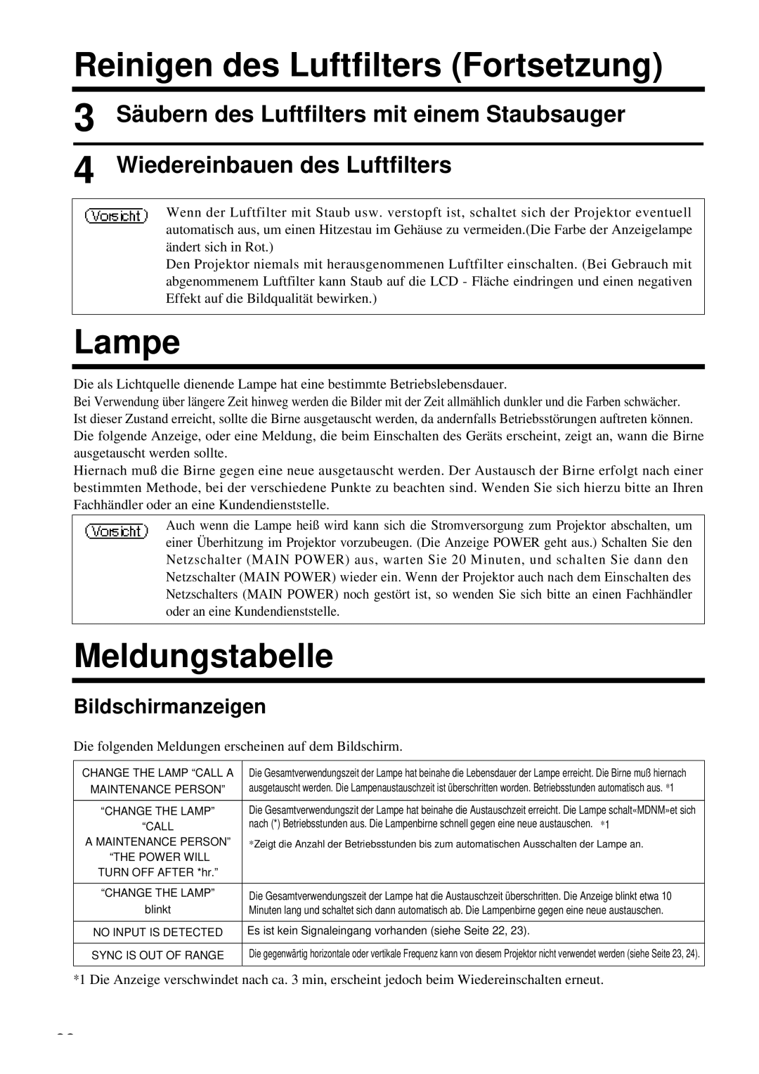 Proxima ASA DP6850 user manual Reinigen des Luftfilters Fortsetzung, Lampe, Meldungstabelle, Bildschirmanzeigen 