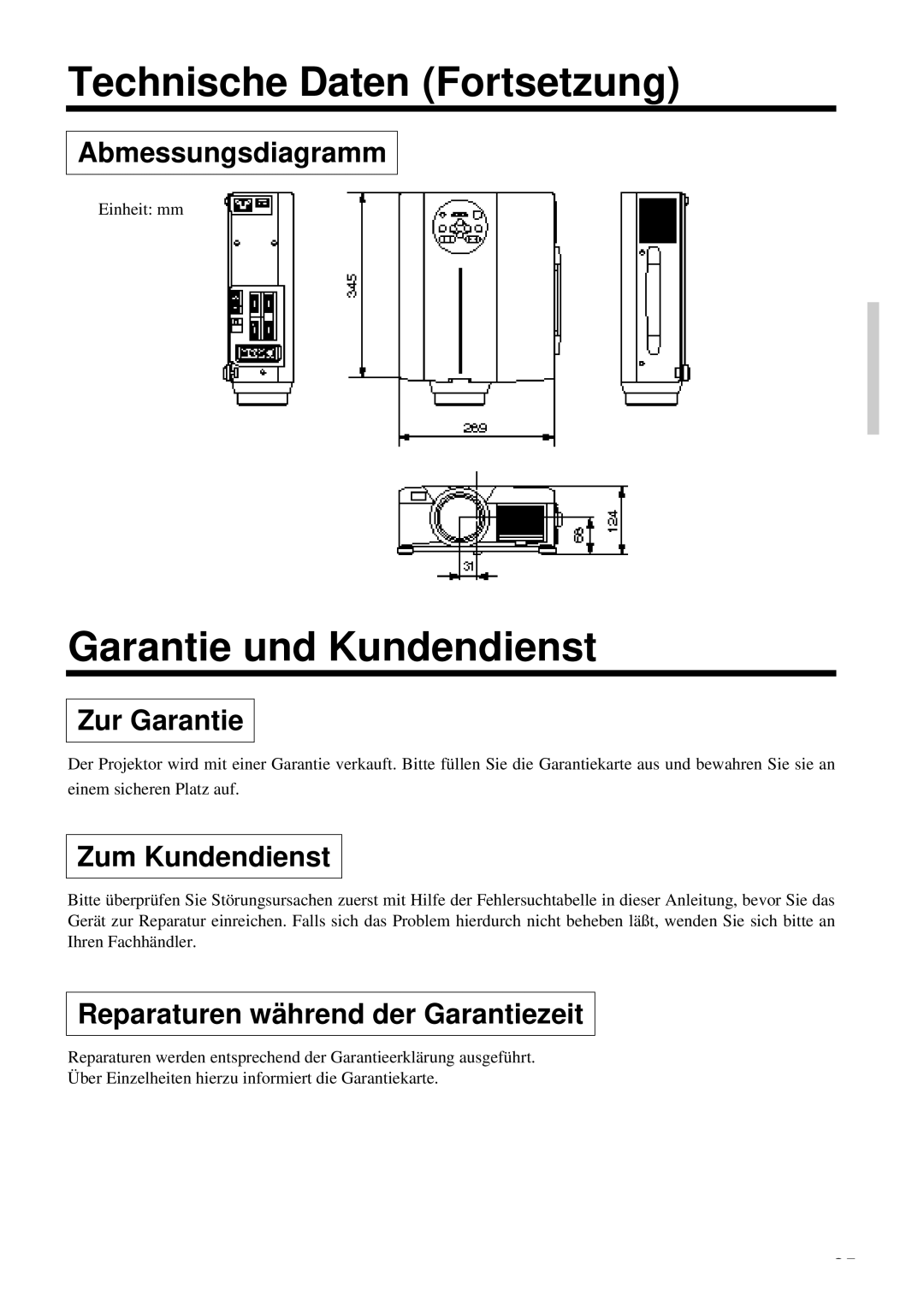 Proxima ASA DP6850 user manual Technische Daten Fortsetzung, Garantie und Kundendienst 