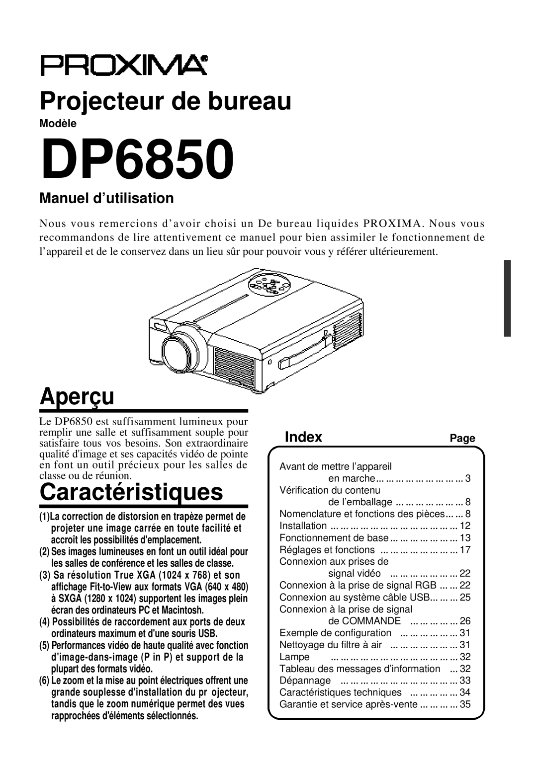 Proxima ASA DP6850 user manual Aperçu, Caractéristiques, Manuel d’utilisation, IndexPage, Modèle 