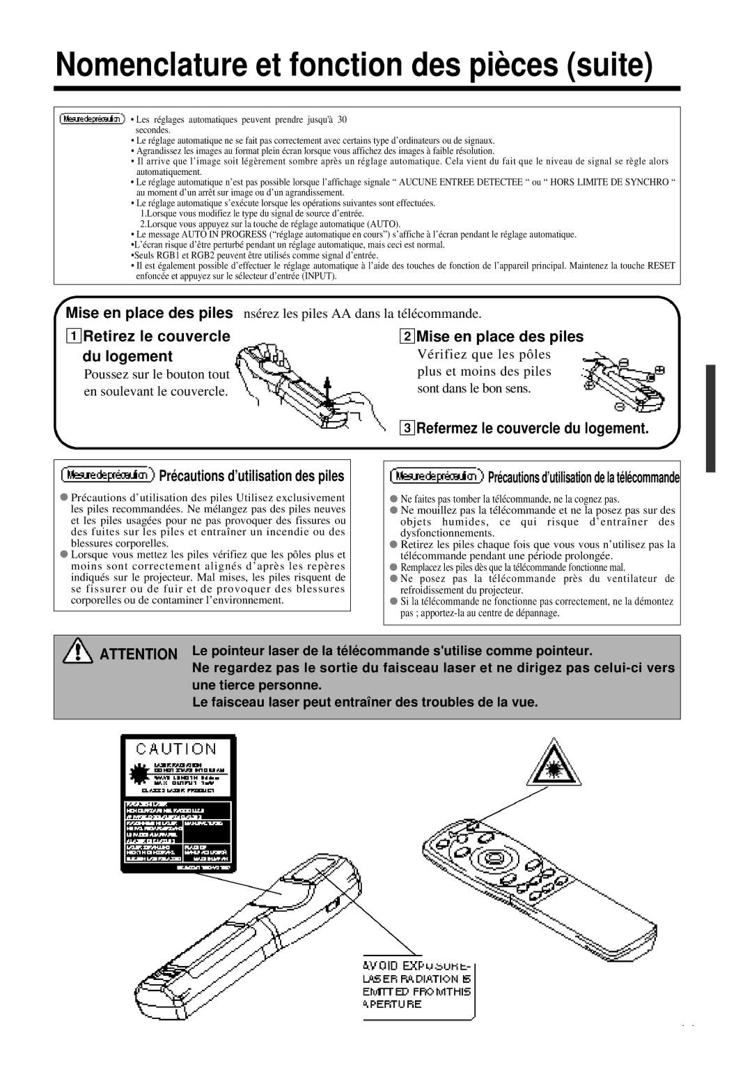 Proxima ASA DP6850 1Retirez le couvercle 2Mise en place des piles Du logement, Précautions d’utilisation des piles 