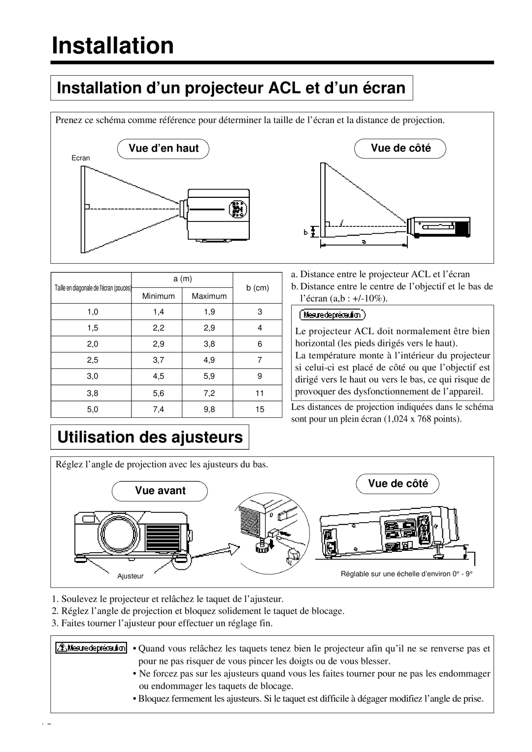 Proxima ASA DP6850 Installation d’un projecteur ACL et d’un écran, Utilisation des ajusteurs, Vue d’en haut, Vue de côté 