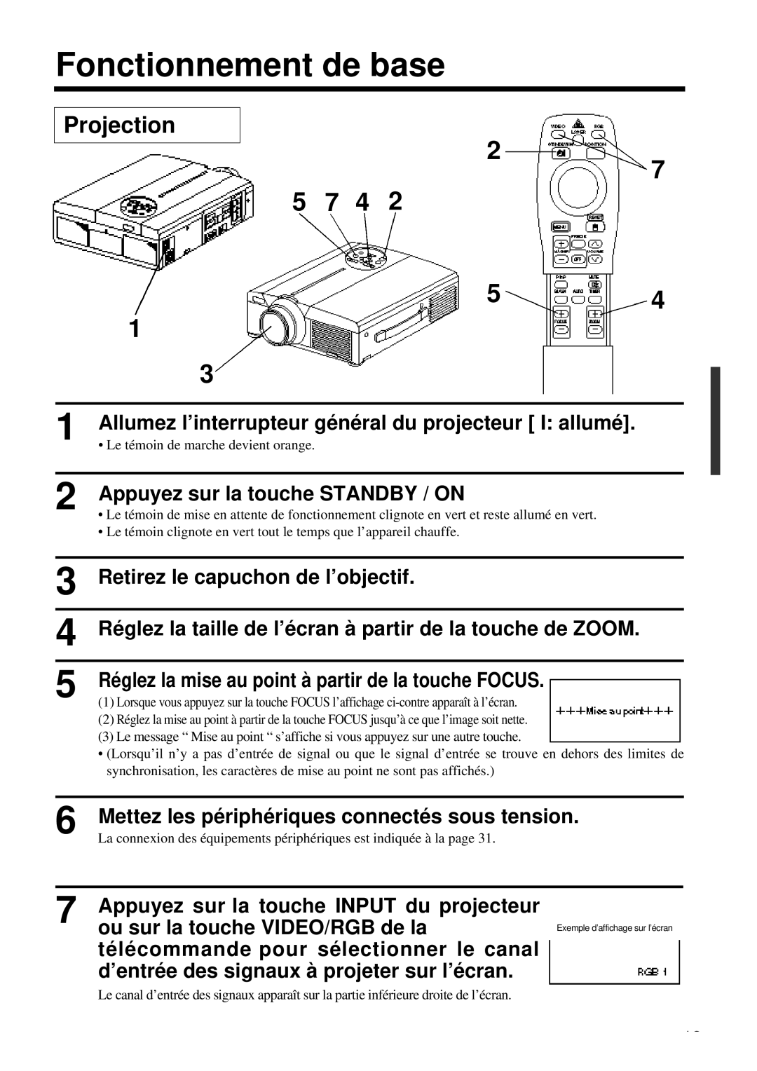 Proxima ASA DP6850 user manual Fonctionnement de base, Projection, Allumez l’interrupteur général du projecteur I allumé 