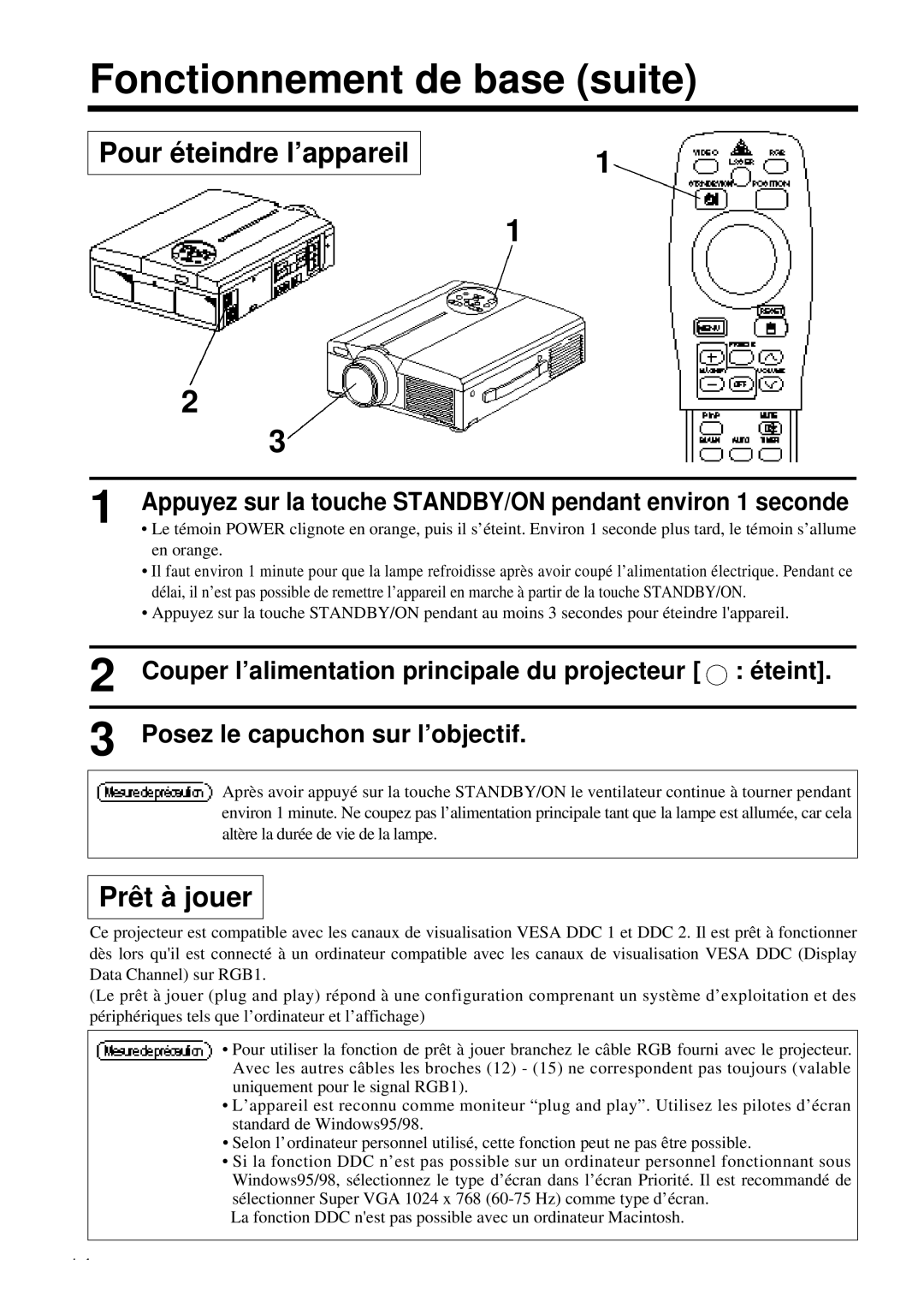 Proxima ASA DP6850 user manual Fonctionnement de base suite, Pour éteindre l’appareil, Prêt à jouer 