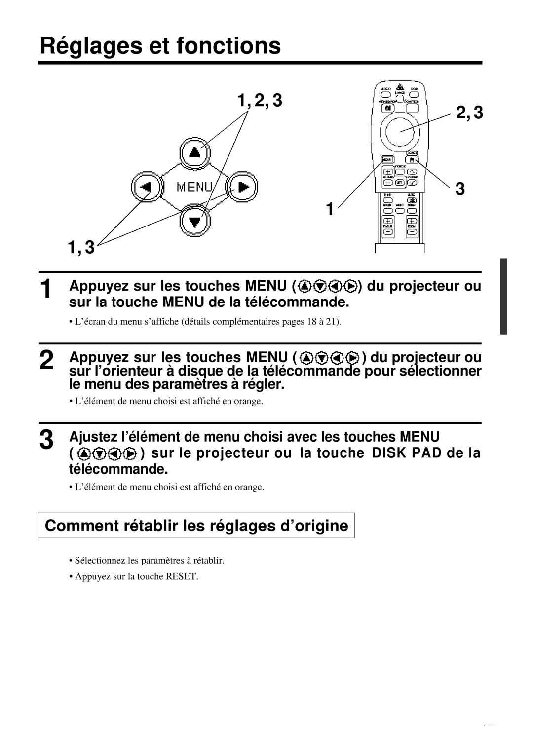 Proxima ASA DP6850 user manual Réglages et fonctions, Comment rétablir les réglages d’origine 