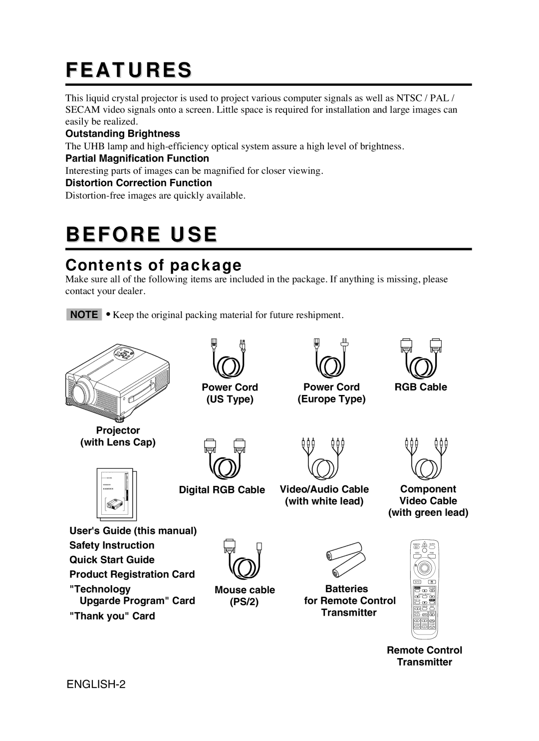 Proxima ASA DP6870 manual Features, Before USE, Contents of package 