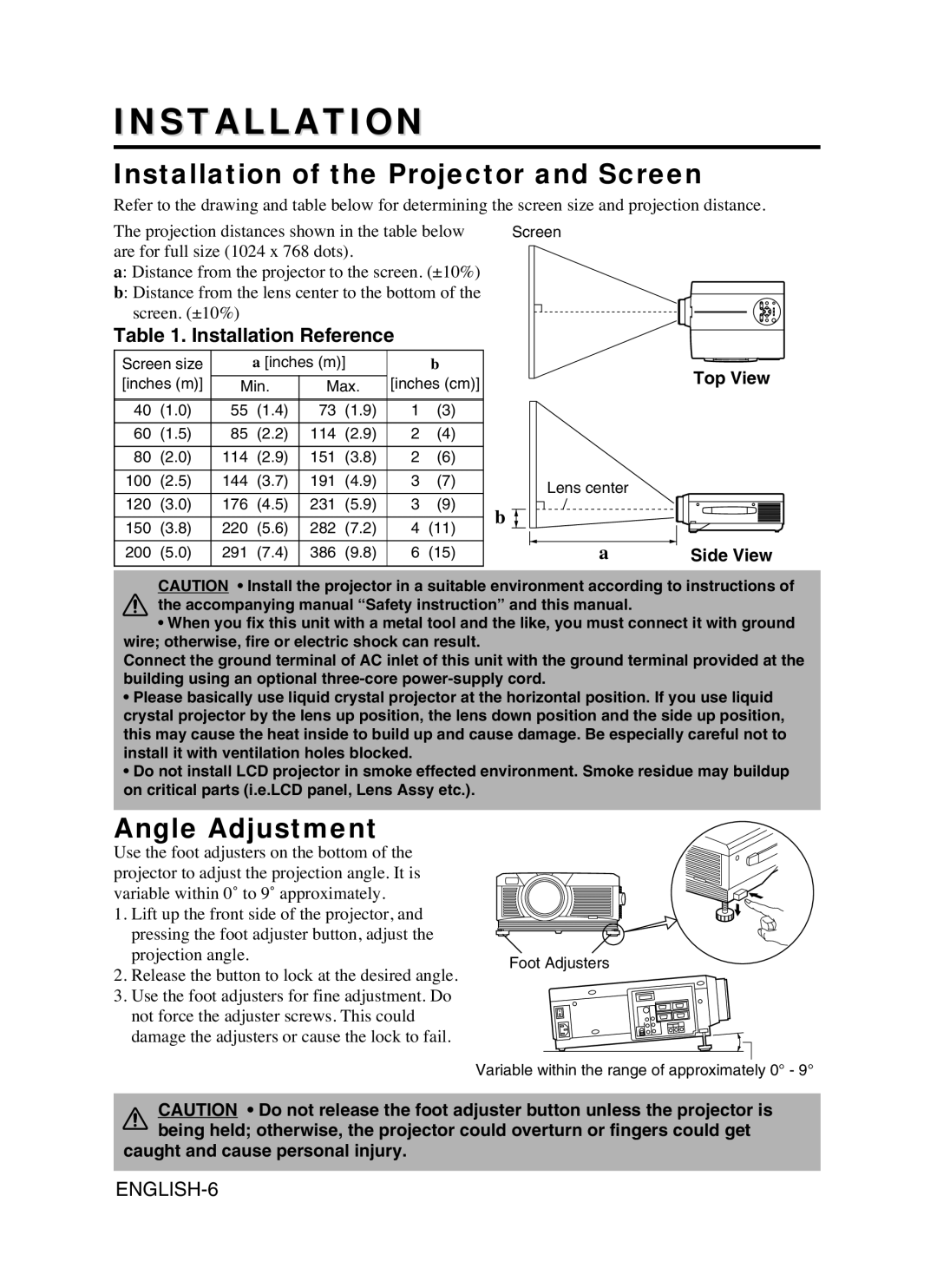 Proxima ASA DP6870 manual Installation of the Projector and Screen, Angle Adjustment, Installation Reference 