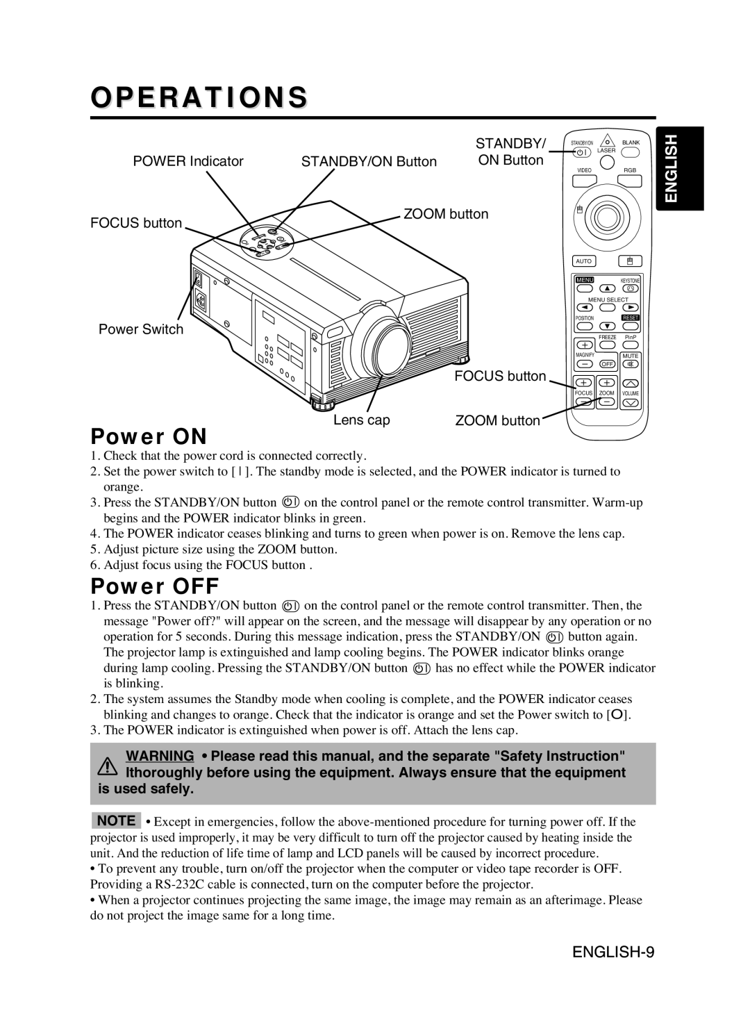 Proxima ASA DP6870 manual Operations, Power ON, Power OFF, English 
